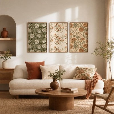 NEW Anthro XL Set 3 Framed Vintage Floral Print Canvas Boho Wall Art 24" x 36"