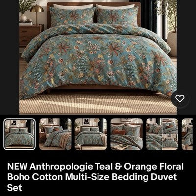 NEW Anthropologie Teal Orange 100% Cotton Matching 4 PC Sheet Set