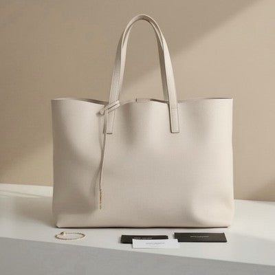 YSL / Yves Saint Laurent Beige Pink Gold Leather Shopping Tote Bag Purse - Large