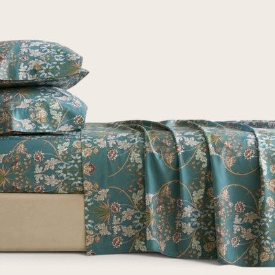 NEW Anthropologie Teal Orange 100% Cotton Matching 4 PC Sheet Set