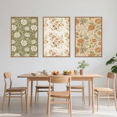 NEW Anthro XL Set 3 Framed Vintage Floral Print Canvas Boho Wall Art 24" x 36"