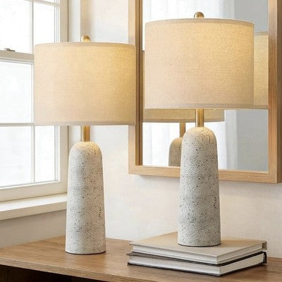 NEW Anthropologie Set of 2 White Resin Stone Boho Table Lamps Linen Lighting 27"