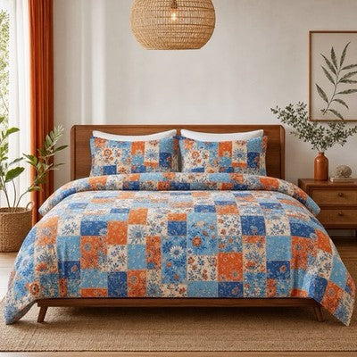 NEW Anthropologie Blue & Orange Boho Floral Patchwork Duvet Bedding & Sham Set