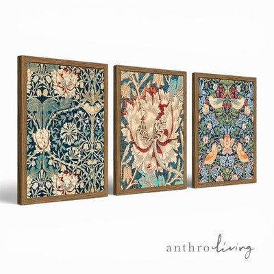 NEW Anthro XL Set of 3 Framed Vintage Botanical Print Canvas Wall Art 24" x 16"