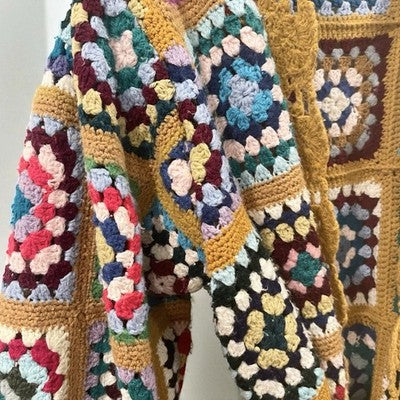 Vintage Italian Macrame Women's Crochet Rainbow Quilt Duster Sweater Coat Large