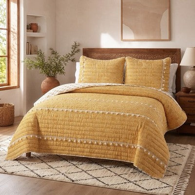 NEW Anthro Yellow Boho Reversible Tassel Queen / King Bedding Quilt & Sham Set