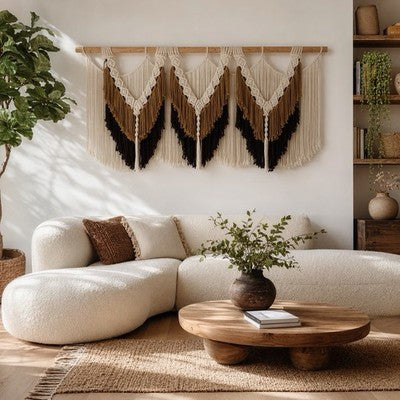 NEW Anthropologie XL Beige Brown Boho Tassel Tapestry Macrame Wall Hanging 47x25