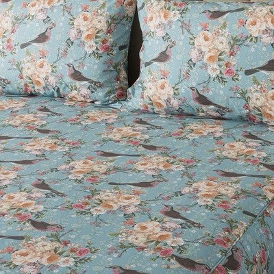 NEW Anthropologie Blue Floral Botanical Bird 100% Cotton Matching 4 PC Sheet Set