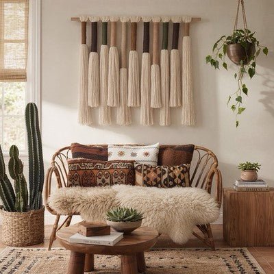 NEW Anthropologie Boho White Cotton Tassel Tapestry Woven Wall Hanging 22" x 27"