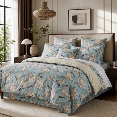 NEW Anthropologie Blue Floral Botanical Bird 100% Cotton Duvet Bedding Sham Set