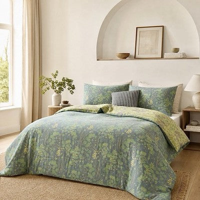 NEW Anthropologie Blue Green Reversible Queen / King Bedding Comforter Sham Set