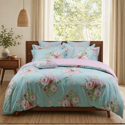 NEW Anthropologie Teal Blue Vintage Floral 100% Cotton Duvet Bedding & Sham Set