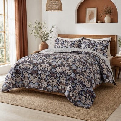 NEW Anthropologie Purple Floral Queen / King Quilt Bedspread Bedding & Sham Set