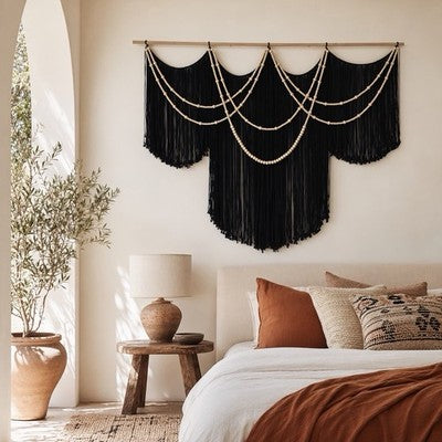 NEW Anthropologie XL Black Boho Beaded Tapestry Macrame Wall Hanging 57" x 43"
