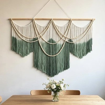 NEW Anthropologie XL Green Dyed Boho Beaded Tapestry Macrame Wall Hanging 60x43