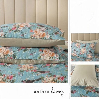 NEW Anthropologie Blue Floral Botanical Bird 100% Cotton Matching 4 PC Sheet Set
