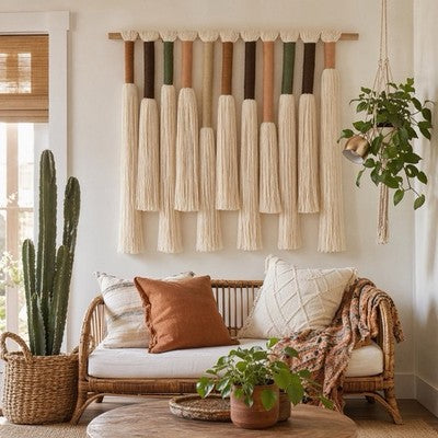 NEW Anthropologie Boho White Cotton Tassel Tapestry Woven Wall Hanging 22" x 27"