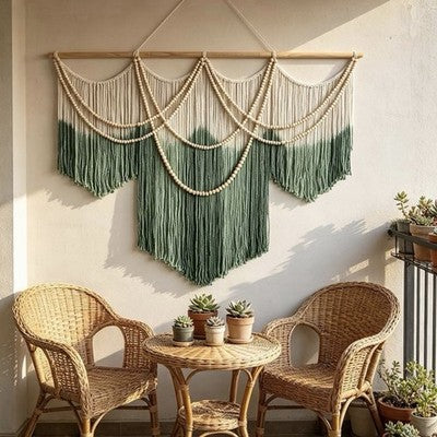 NEW Anthropologie XL Green Dyed Boho Beaded Tapestry Macrame Wall Hanging 60x43