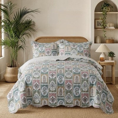 NEW Anthro Multicolor Patchwork Floral Boho Queen / King Bedding Quilt Sham Set