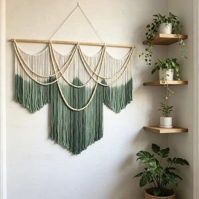 NEW Anthropologie XL Green Dyed Boho Beaded Tapestry Macrame Wall Hanging 60x43