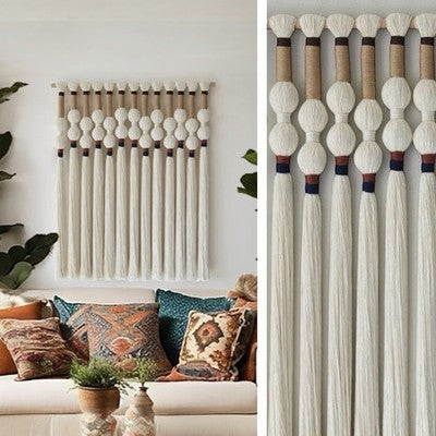 NEW Anthropologie XL Boho White Ball Tassel Tapestry Woven Wall Hanging - 33"
