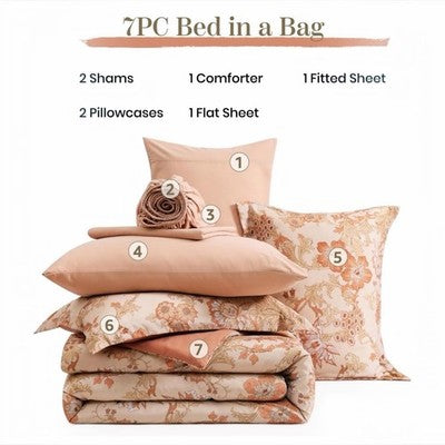NEW Anthro 7 Piece Blush Floral Boho Queen / King Bedding Comforter & Sham Set