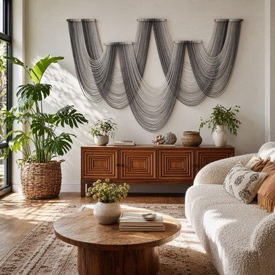 NEW Anthropologie XL Grey Dip Dyed Boho Tapestry Macrame Wall Hanging Art 82x46