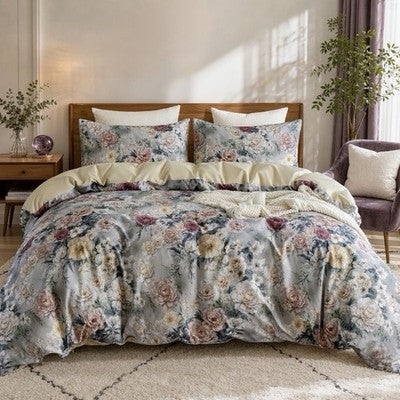 NEW Anthropologie Purple Rose Floral Boho 100% Cotton Duvet Bedding & Sham Set
