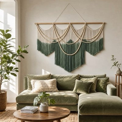 NEW Anthropologie XL Green Dyed Boho Beaded Tapestry Macrame Wall Hanging 60x43