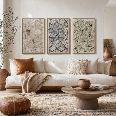 NEW Anthro XL Set of 3 Framed Vintage Floral Print Canvas Boho Wall Art 24"x16"