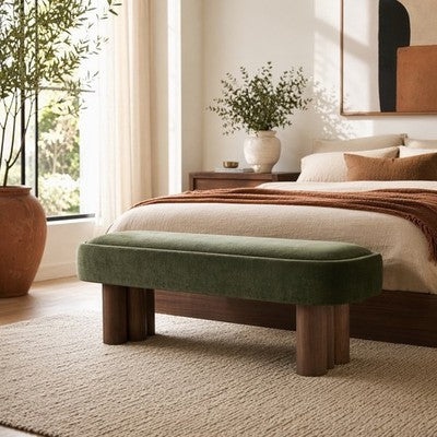 NEW West Elm Green Upholstered Fabric Storage Ottoman Mid-century Modern Bench