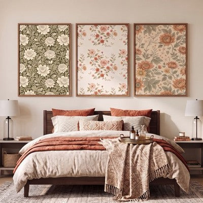NEW Anthro XL Set 3 Framed Vintage Floral Print Canvas Boho Wall Art 24" x 36"