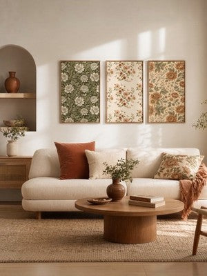 NEW Anthro XL Set 3 Framed Vintage Floral Print Canvas Boho Wall Art 24" x 36"