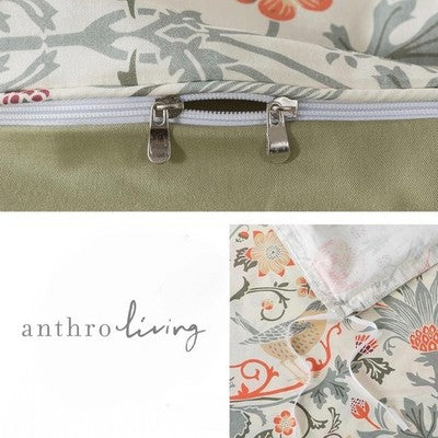 NEW Anthropologie Green & Coral Floral Bird 100% Cotton Duvet Bedding & Sham Set