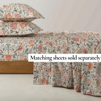 NEW Anthropologie Green & Coral Floral Bird 100% Cotton Duvet Bedding & Sham Set