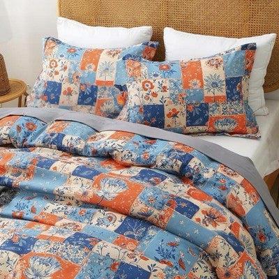 NEW Anthropologie Blue & Orange Boho Floral Patchwork Duvet Bedding & Sham Set