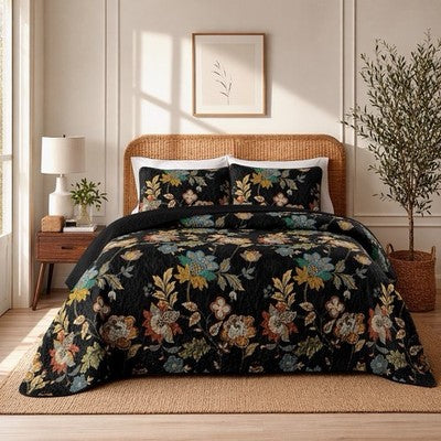 NEW Anthro Black Floral Print Multicolor Boho Queen King Bedding Quilt Sham Set