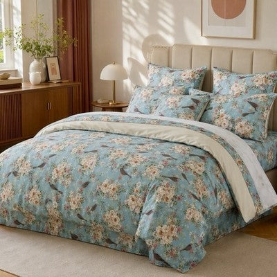 NEW Anthropologie Blue Floral Botanical Bird 100% Cotton Duvet Bedding Sham Set