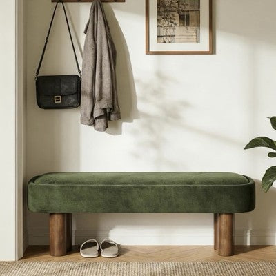 NEW West Elm Green Upholstered Fabric Storage Ottoman Mid-century Modern Bench