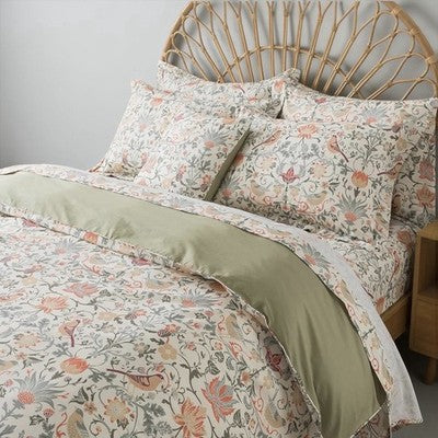 NEW Anthropologie Green & Coral Floral Bird 100% Cotton Duvet Bedding & Sham Set