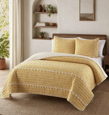NEW Anthro Yellow Boho Reversible Tassel Queen / King Bedding Quilt & Sham Set