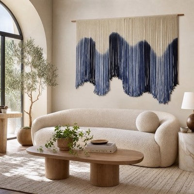 NEW Anthropologie XL Blue Dip Dyed Boho Tapestry Macrame Wall Hanging Art 57x40