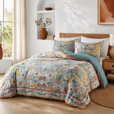 NEW Anthropologie Blue Jungle Multicolor Boho Queen King Bedding Duvet Sham Set
