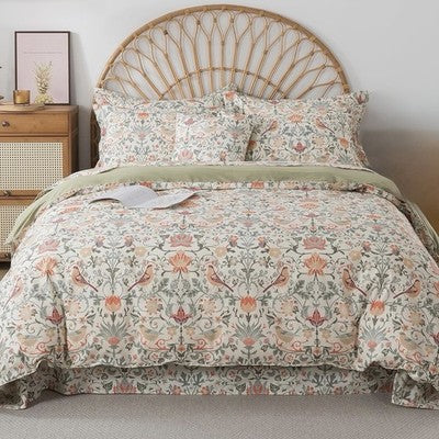 NEW Anthropologie Green & Coral Floral Bird 100% Cotton Duvet Bedding & Sham Set