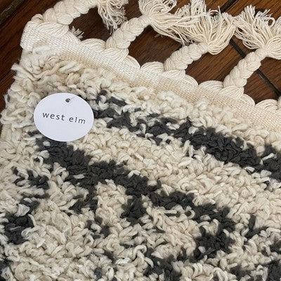 NEW West Elm White Black Boho Tassel Geometric Shag Area Rug Carpet - 8' x 5'