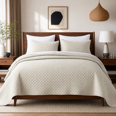 NEW West Elm Cream Ultra Soft Diamond Quilted Queen King Bedding Quilt Sham Set