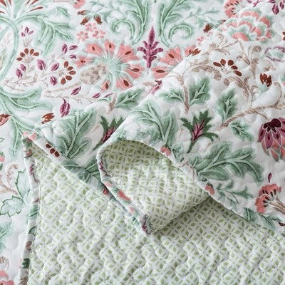 NEW Anthro Green & Pink Floral Reversible Boho Queen King Bedding Quilt Sham Set