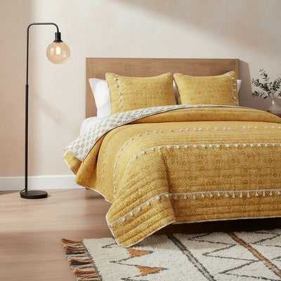 NEW Anthro Yellow Boho Reversible Tassel Queen / King Bedding Quilt & Sham Set