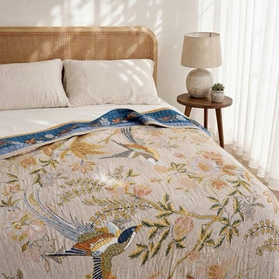 NEW Anthropologie Reversible Boho Bird Multicolor Queen / King Bedspread Blanket Quilt