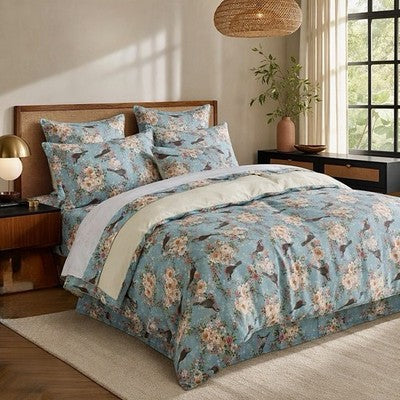 NEW Anthropologie Blue Floral Botanical Bird 100% Cotton Duvet Bedding Sham Set